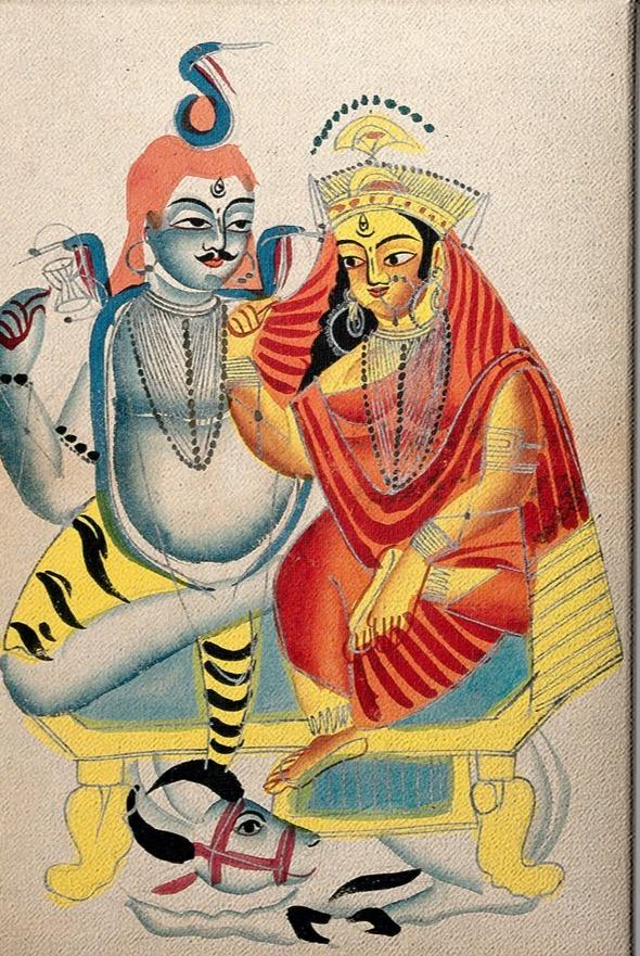 Shiva and Parvati sitting on their throne with Nandi the bull Painting - Meri Deewar 2 : 3 Vertical Premium Wall Art Canvas by MeriDeewar