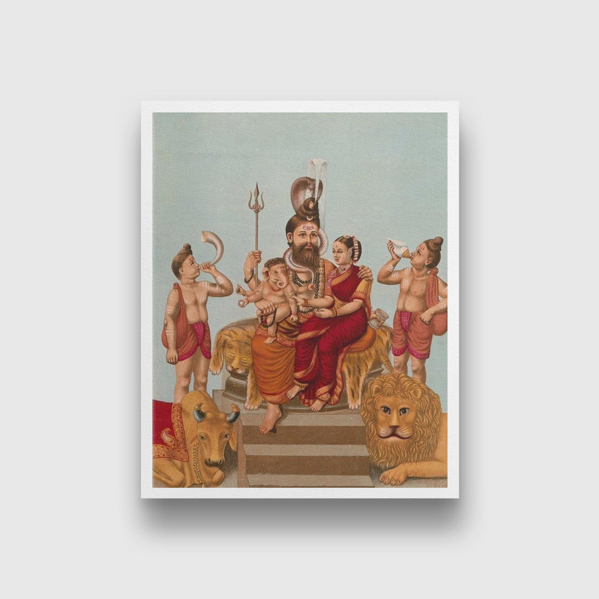 Shiva Parvati and Ganesha attended by Nandi Painting - Meri Deewar 4 :5 Vertical Premium Wall Art Canvas by MeriDeewar