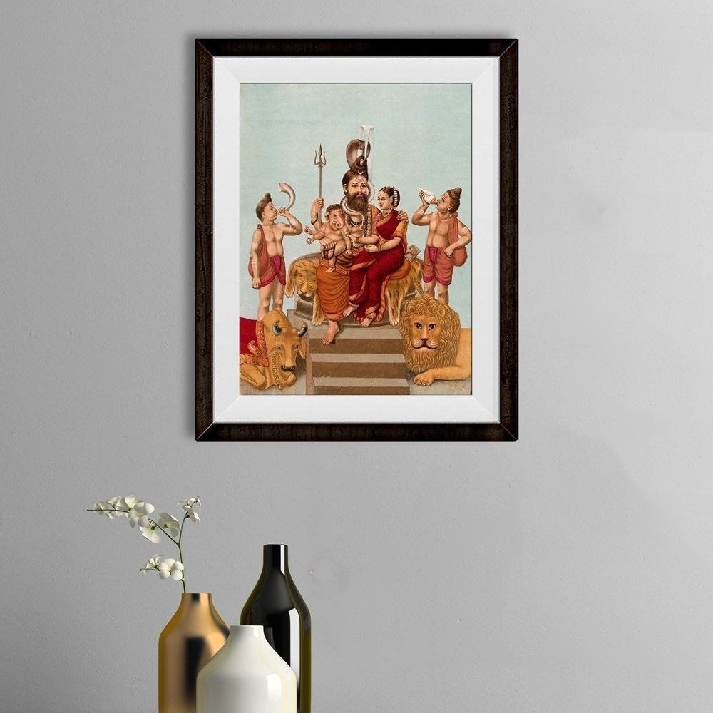 Shiva Parvati and Ganesha attended by Nandi Painting - Meri Deewar 4 :5 Vertical Premium Wall Art Canvas by MeriDeewar