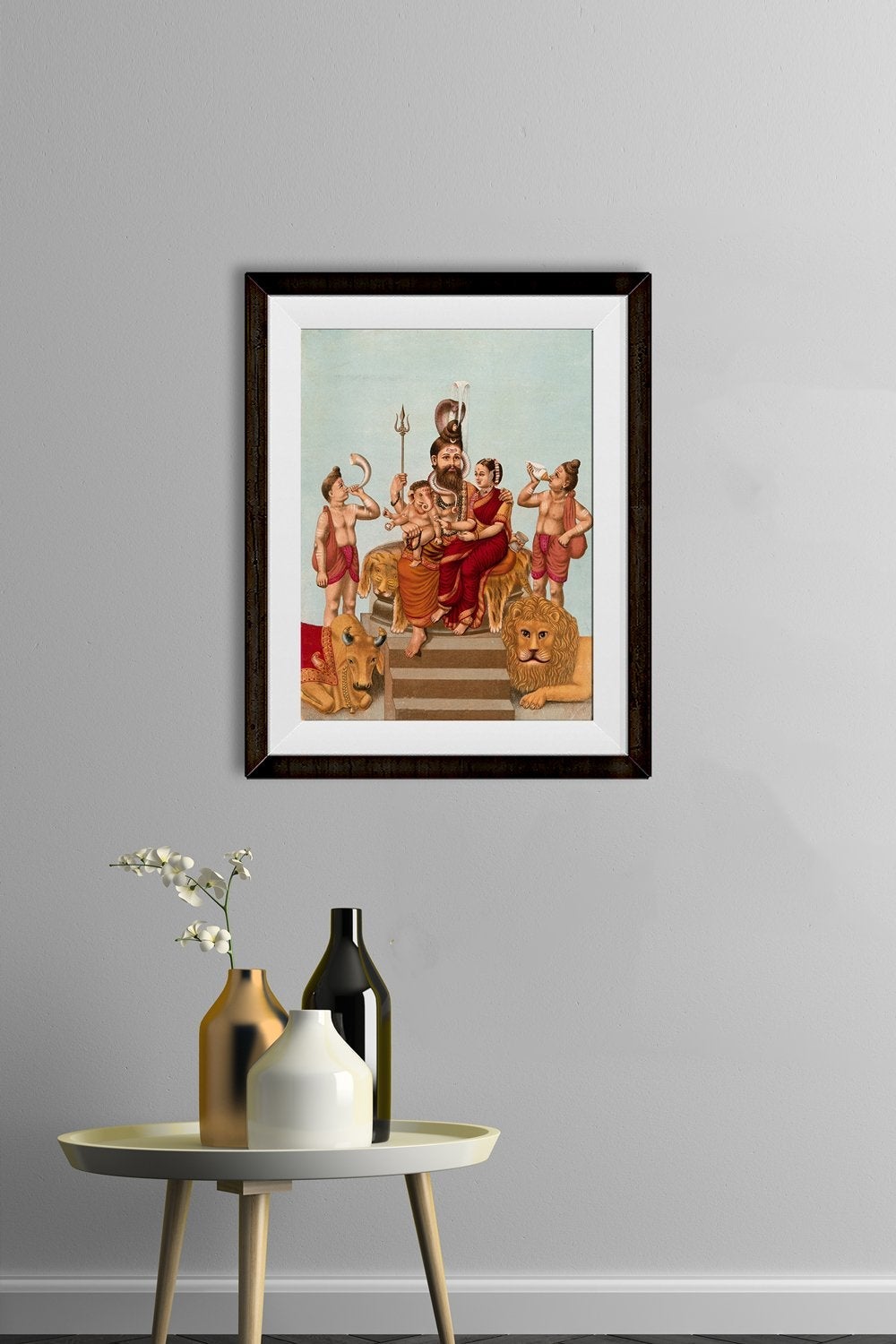 Shiva Parvati and Ganesha attended by Nandi Painting - Meri Deewar 4 :5 Vertical Premium Wall Art Canvas by MeriDeewar