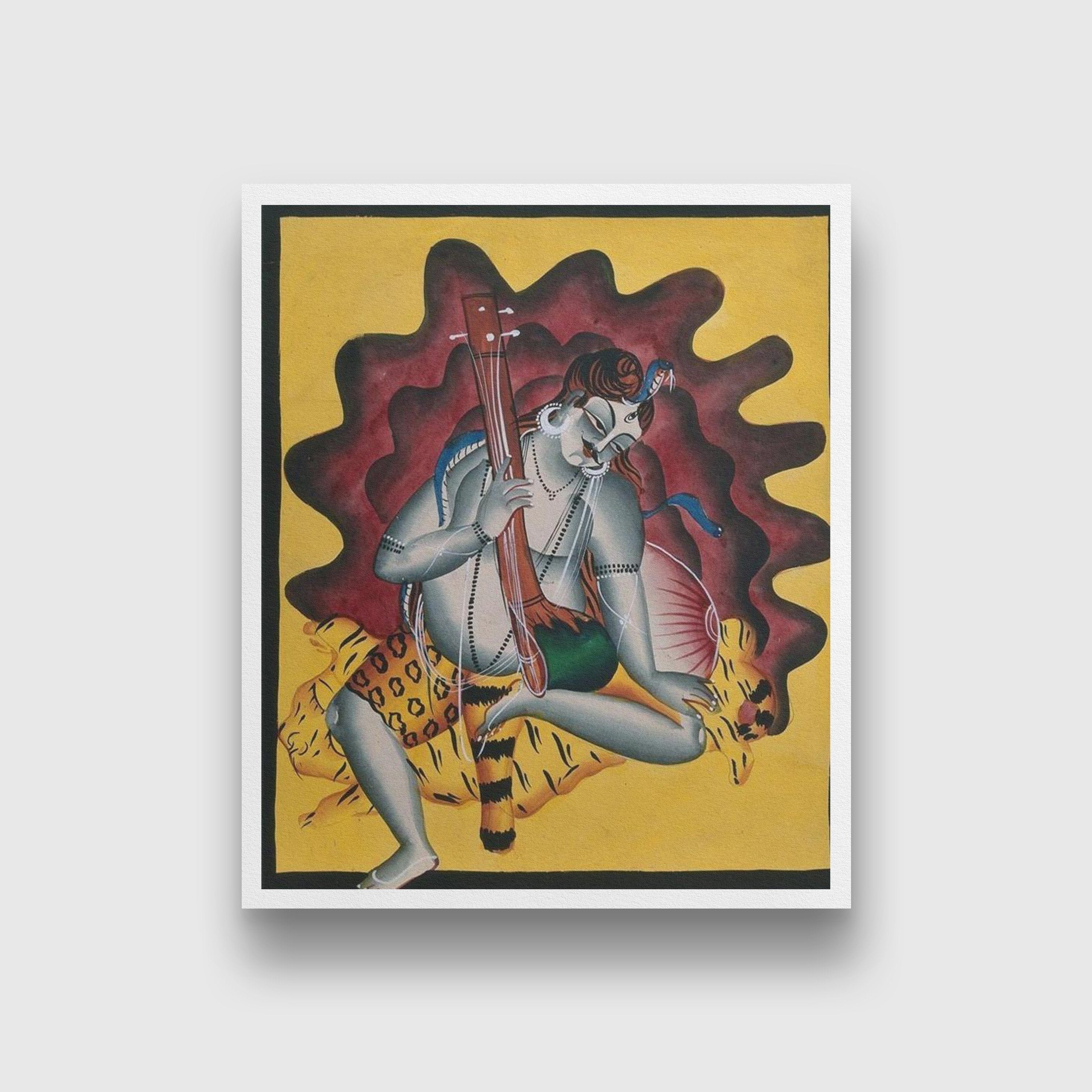 Shiva-sits-on-a-tiger-skin-with-sitar-in-hand Painting - Meri Deewar 5 : 6 Vertical Premium Wall Art Canvas by MeriDeewar
