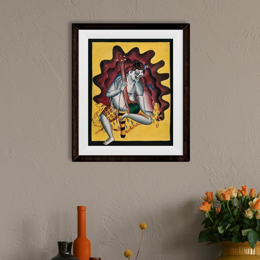 Shiva-sits-on-a-tiger-skin-with-sitar-in-hand Painting - Meri Deewar 5 : 6 Vertical Premium Wall Art Canvas by MeriDeewar