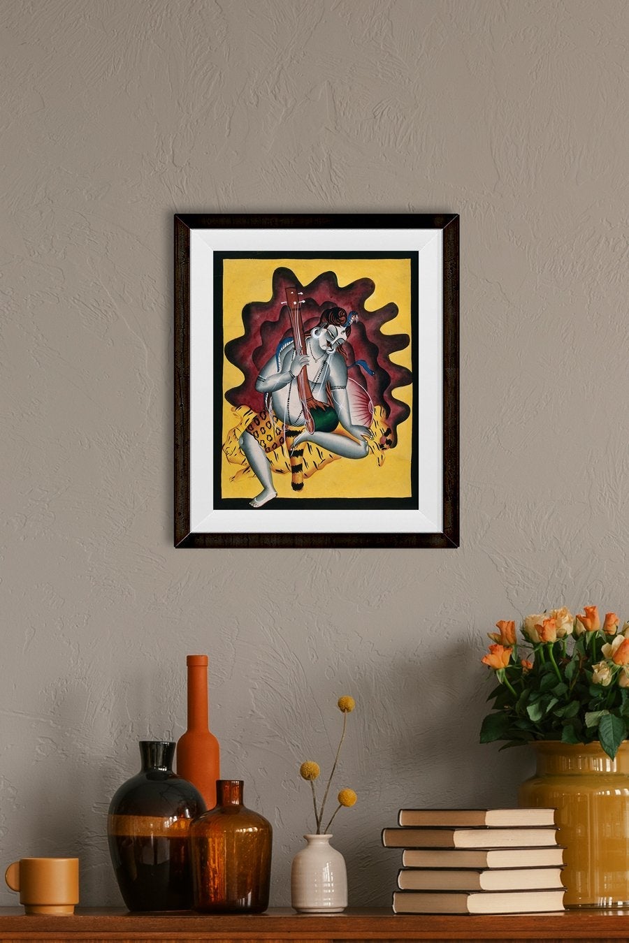 Shiva-sits-on-a-tiger-skin-with-sitar-in-hand Painting - Meri Deewar 5 : 6 Vertical Premium Wall Art Canvas by MeriDeewar