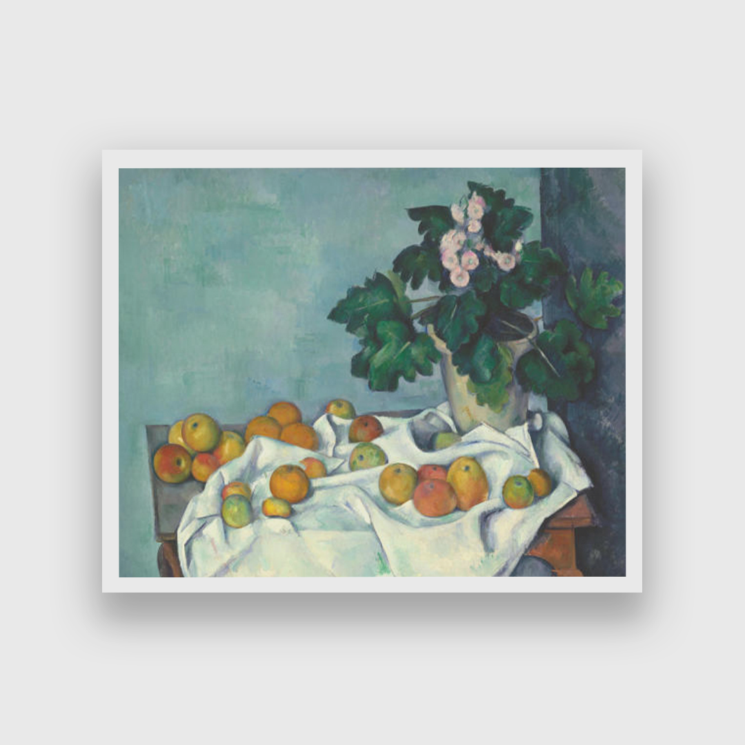 Still Life with Apples and a Pot of Primroses Painting 5 : 4 Horizontal Premium Wall Art Canvas by MeriDeewar