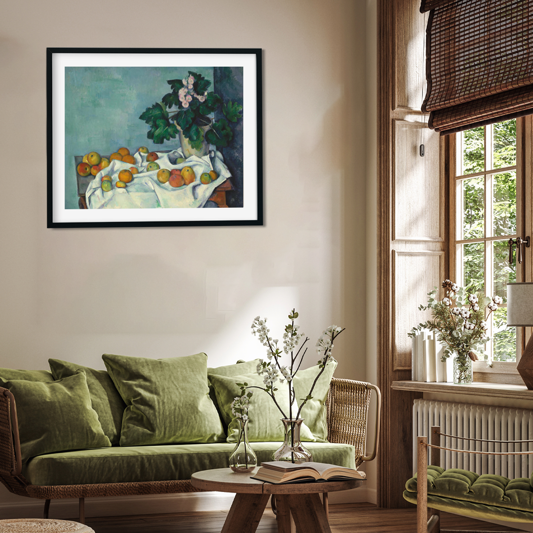 Still Life with Apples and a Pot of Primroses Painting 5 : 4 Horizontal Premium Wall Art Canvas by MeriDeewar
