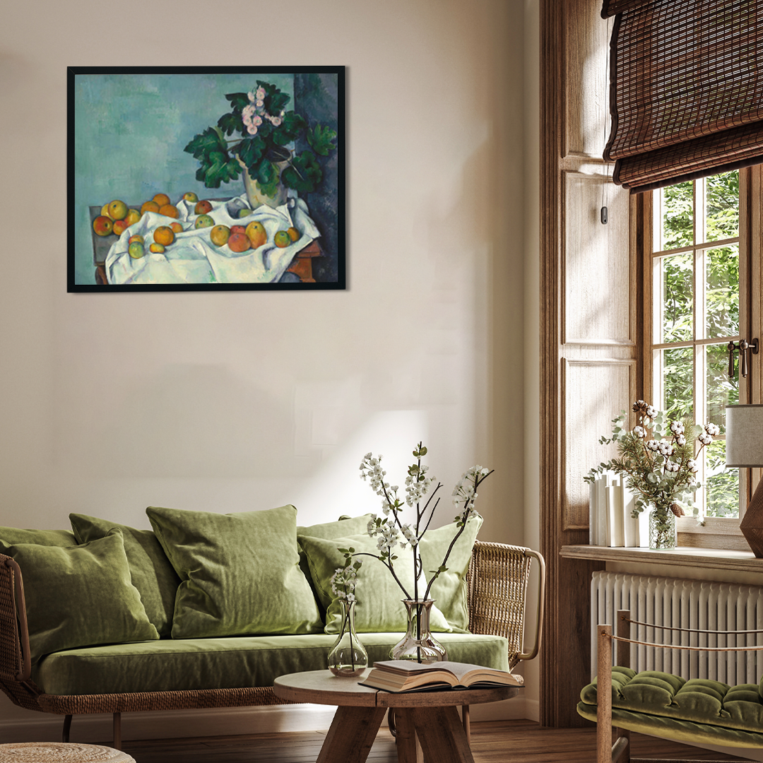 Still Life with Apples and a Pot of Primroses Painting 5 : 4 Horizontal Premium Wall Art Canvas by MeriDeewar