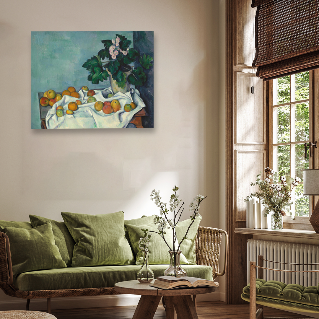 Still Life with Apples and a Pot of Primroses Painting 5 : 4 Horizontal Premium Wall Art Canvas by MeriDeewar
