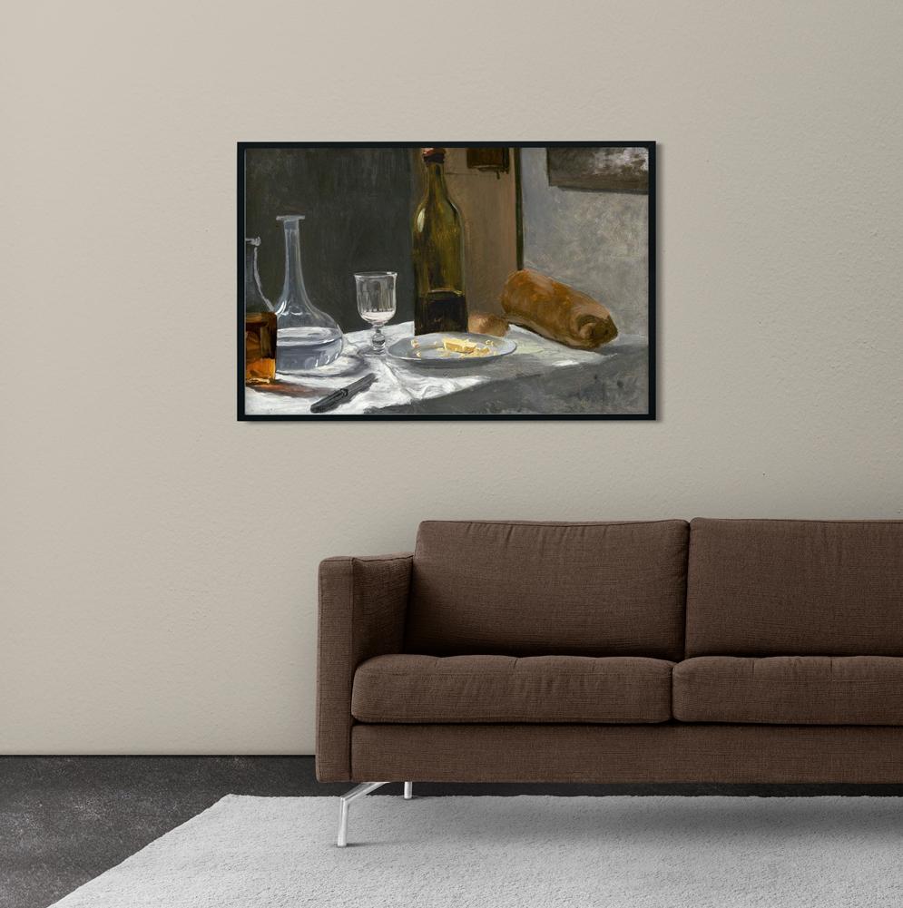 Still Life with Bottle Carafe Bread and Wine Painting by Claude Monet - Meri Deewar 3 : 2 Horizontal Premium Wall Art Canvas by MeriDeewar