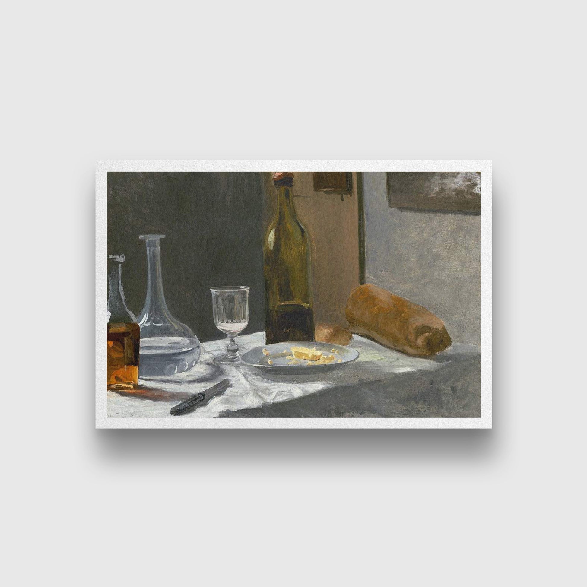 Still Life with Bottle Carafe Bread and Wine Painting by Claude Monet - Meri Deewar 3 : 2 Horizontal Premium Wall Art Canvas by MeriDeewar