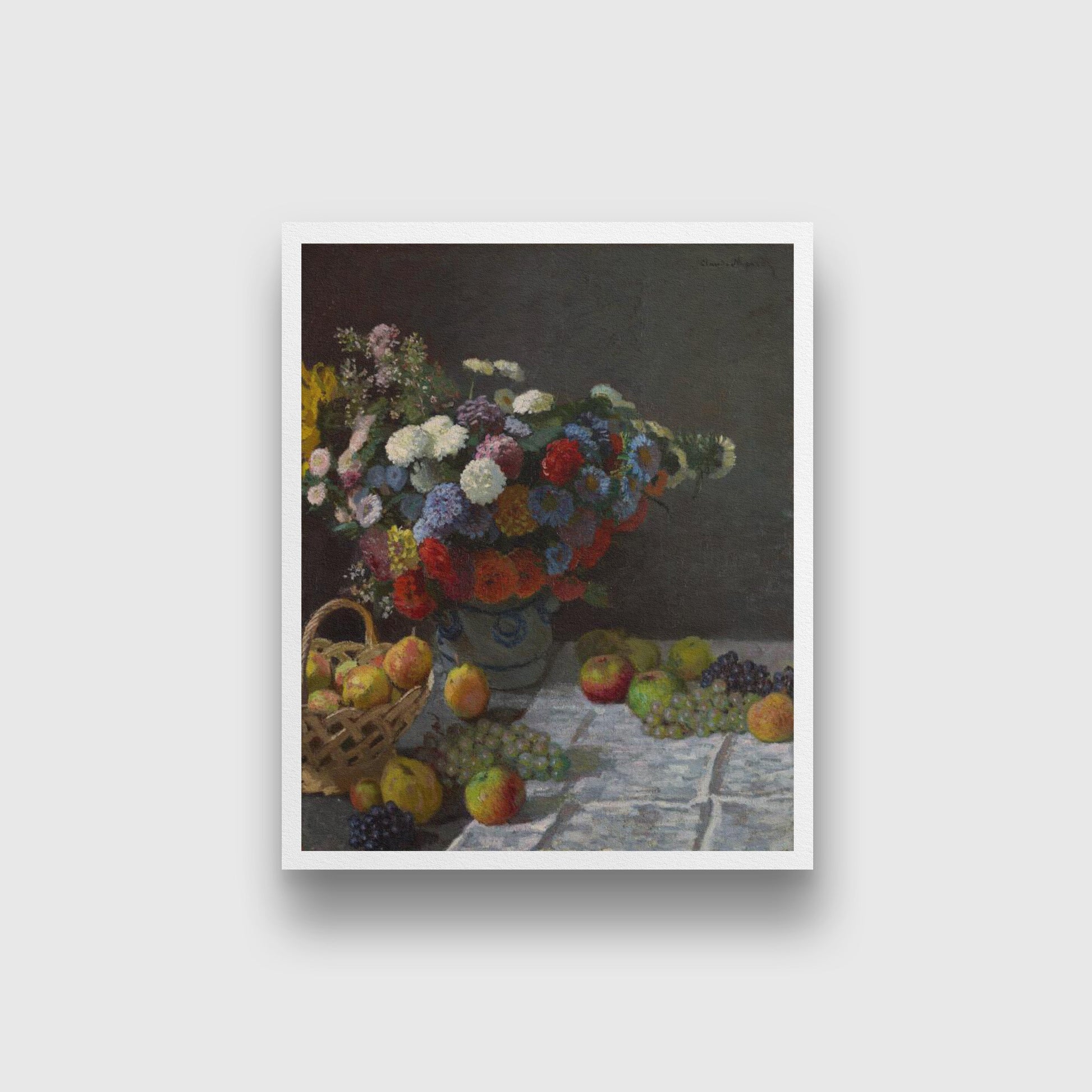 Still Life with Flowers and Fruit Painting Made By Claude Monet-Meri Deewar 4 :5 Vertical Premium Wall Art Canvas by MeriDeewar