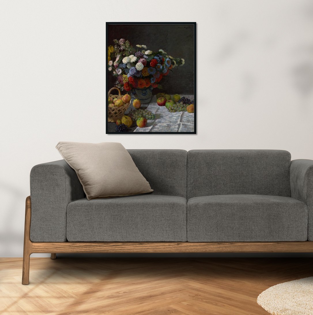 Still Life with Flowers and Fruit Painting Made By Claude Monet-Meri Deewar 4 :5 Vertical Premium Wall Art Canvas by MeriDeewar