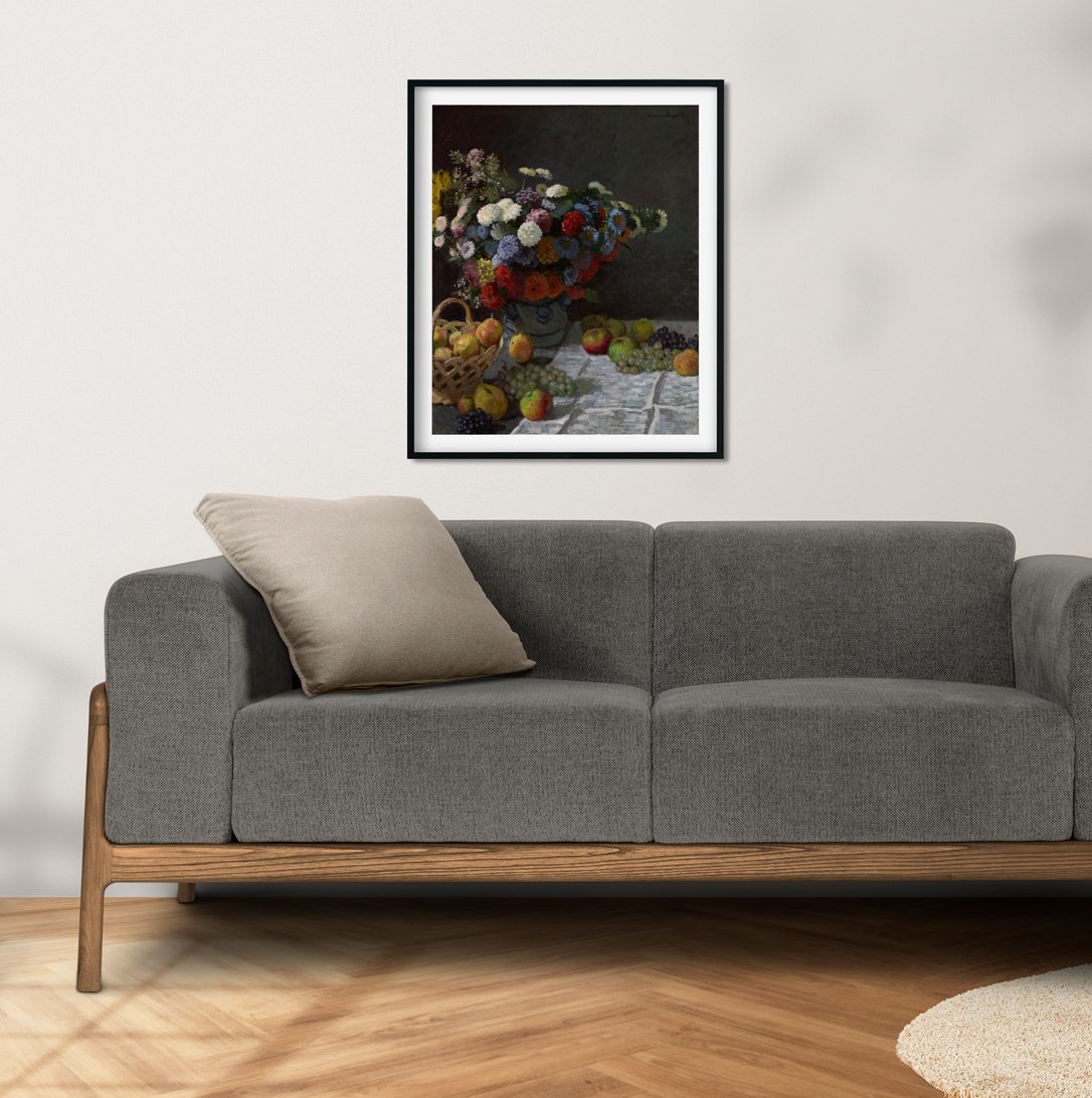 Still Life with Flowers and Fruit Painting Made By Claude Monet-Meri Deewar 4 :5 Vertical Premium Wall Art Canvas by MeriDeewar