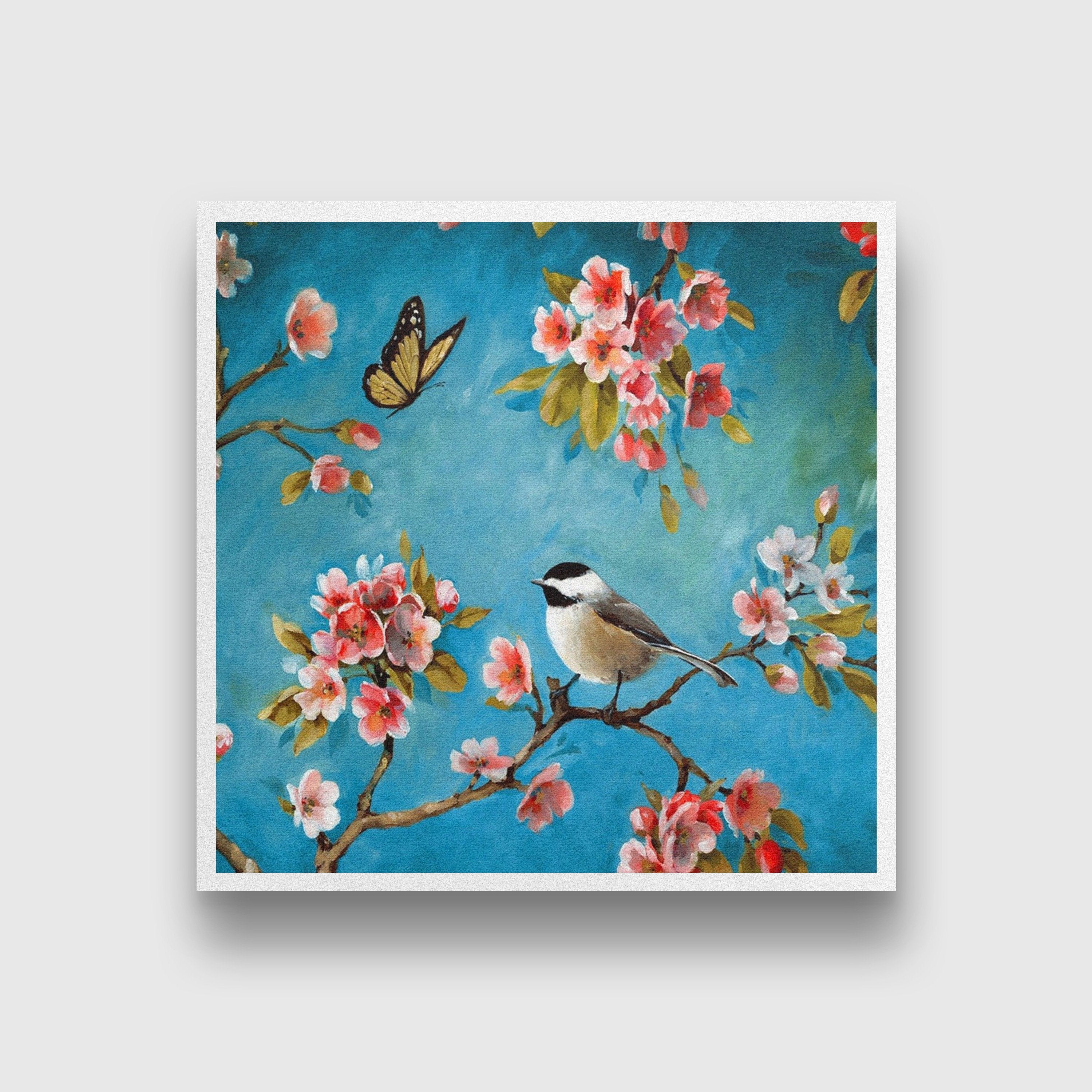 Summer butterfly and Bird Painting - Meri Deewar 1 : 1 Square Premium Wall Art Canvas by MeriDeewar