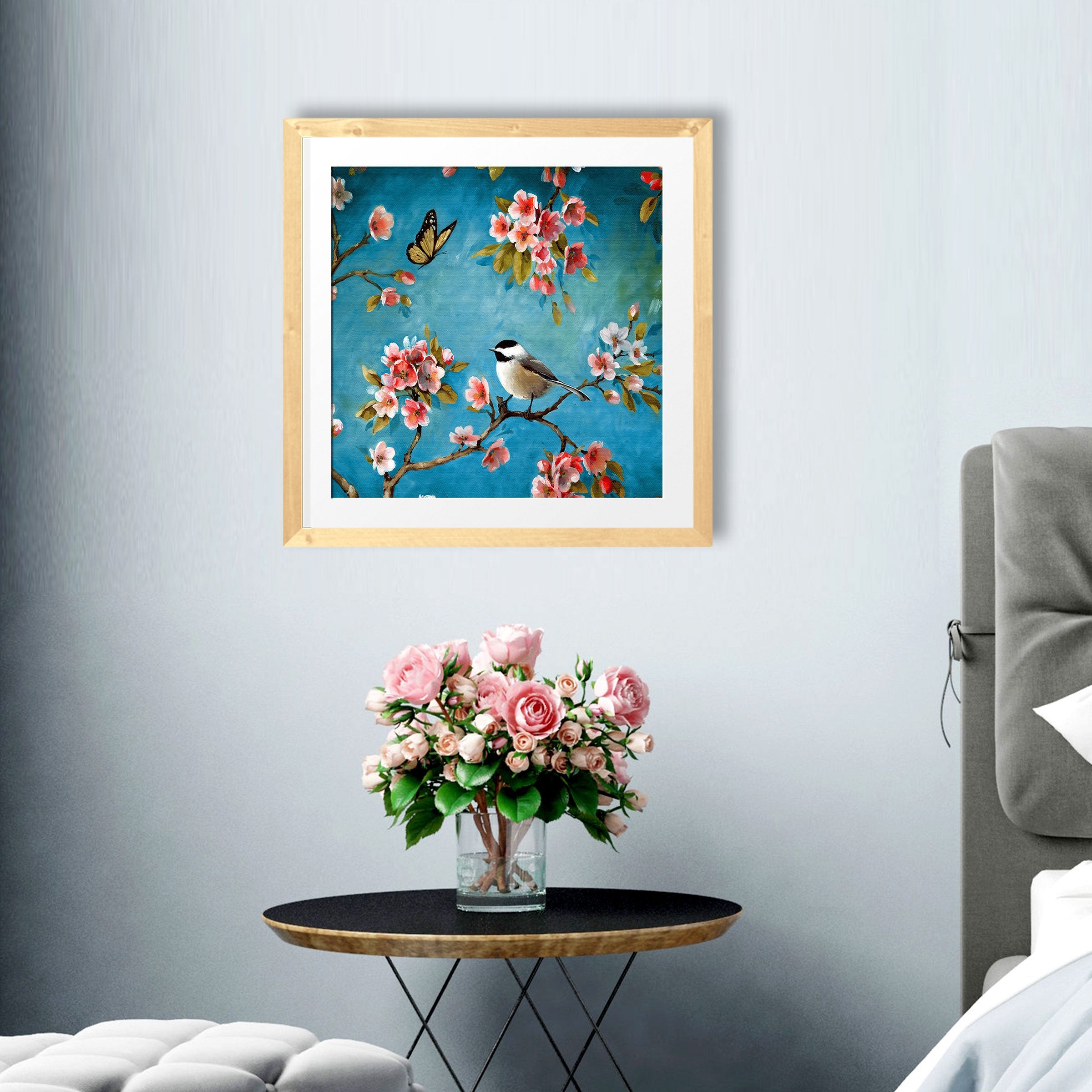 Summer butterfly and Bird Painting - Meri Deewar 1 : 1 Square Premium Wall Art Canvas by MeriDeewar