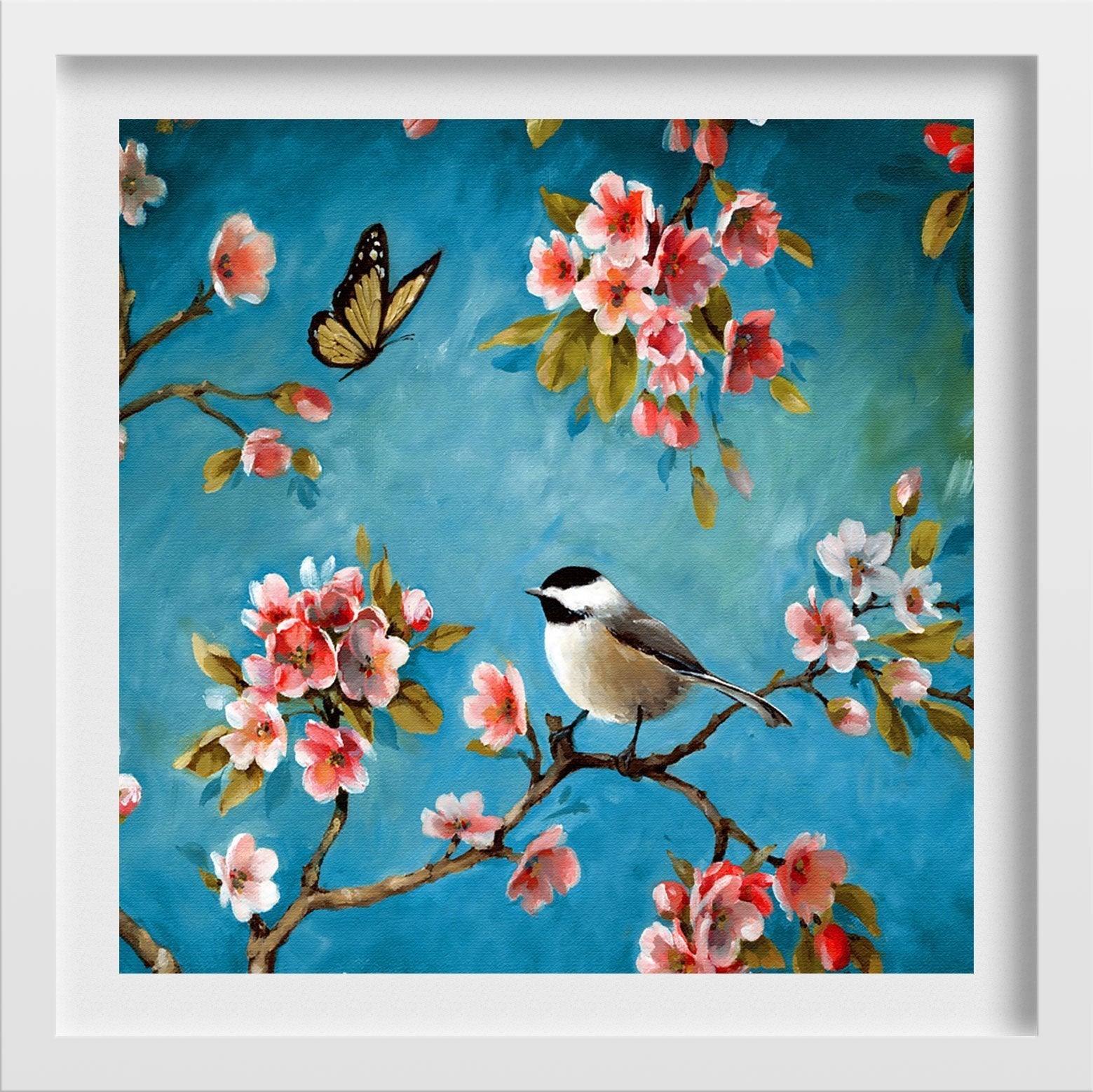 Summer butterfly and Bird Painting - Meri Deewar 1 : 1 Square Premium Wall Art Canvas by MeriDeewar