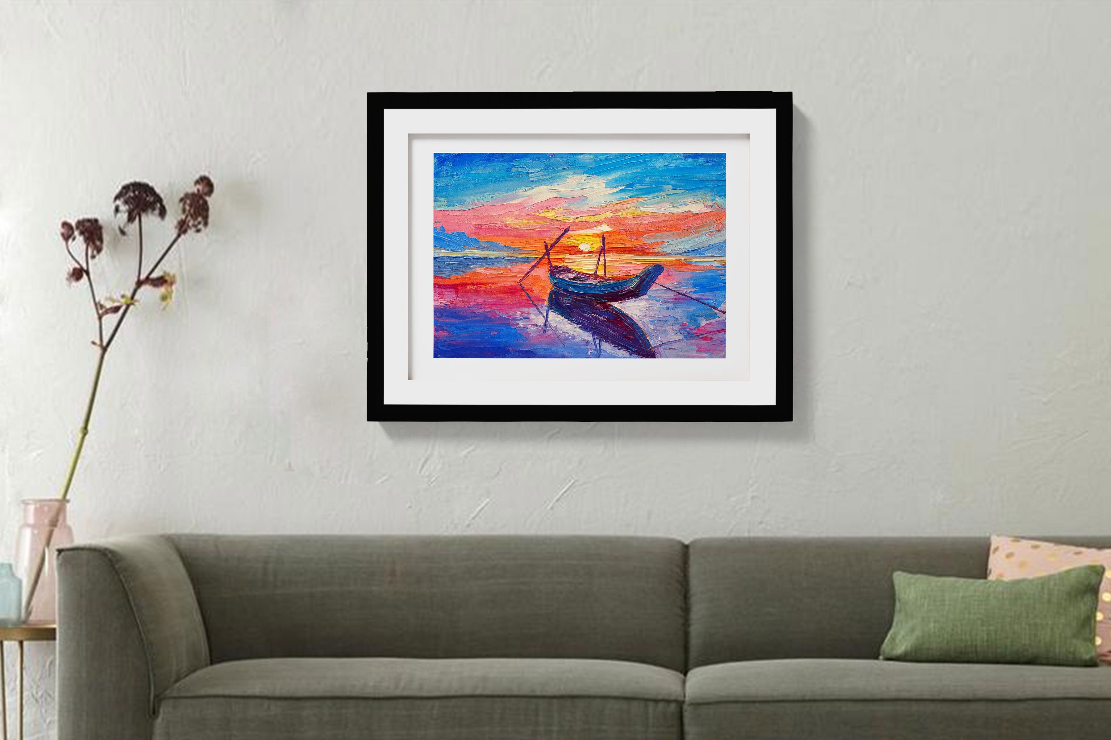 Sunset over ocean oil painting - Meri Deewar 3 : 2 Horizontal Premium Wall Art Canvas by MeriDeewar