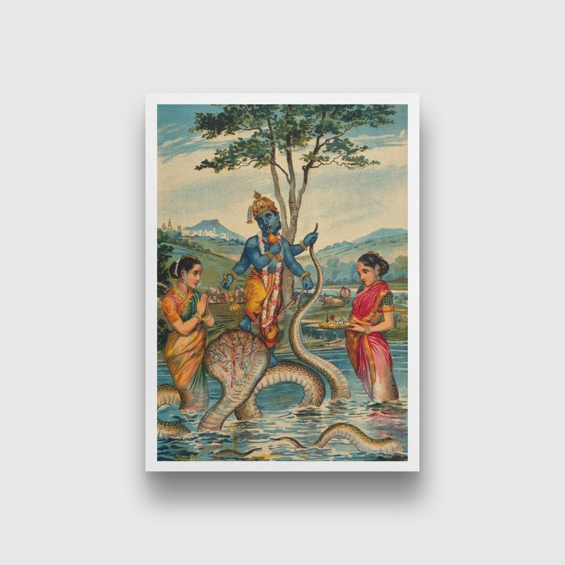 The child Krishna subdues the snake Kaliya Painting - Meri Deewar 2 : 3 Vertical Premium Wall Art Canvas by MeriDeewar