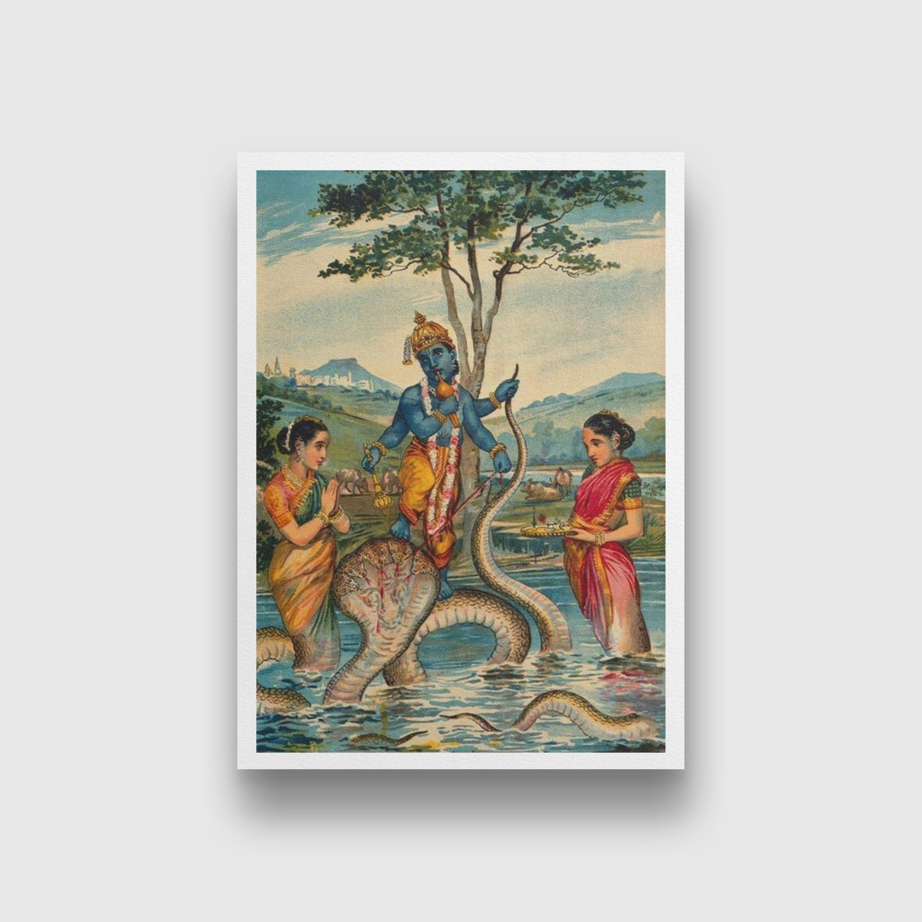 The child Krishna subdues the snake Kaliya Painting - Meri Deewar 2 : 3 Vertical Premium Wall Art Canvas by MeriDeewar