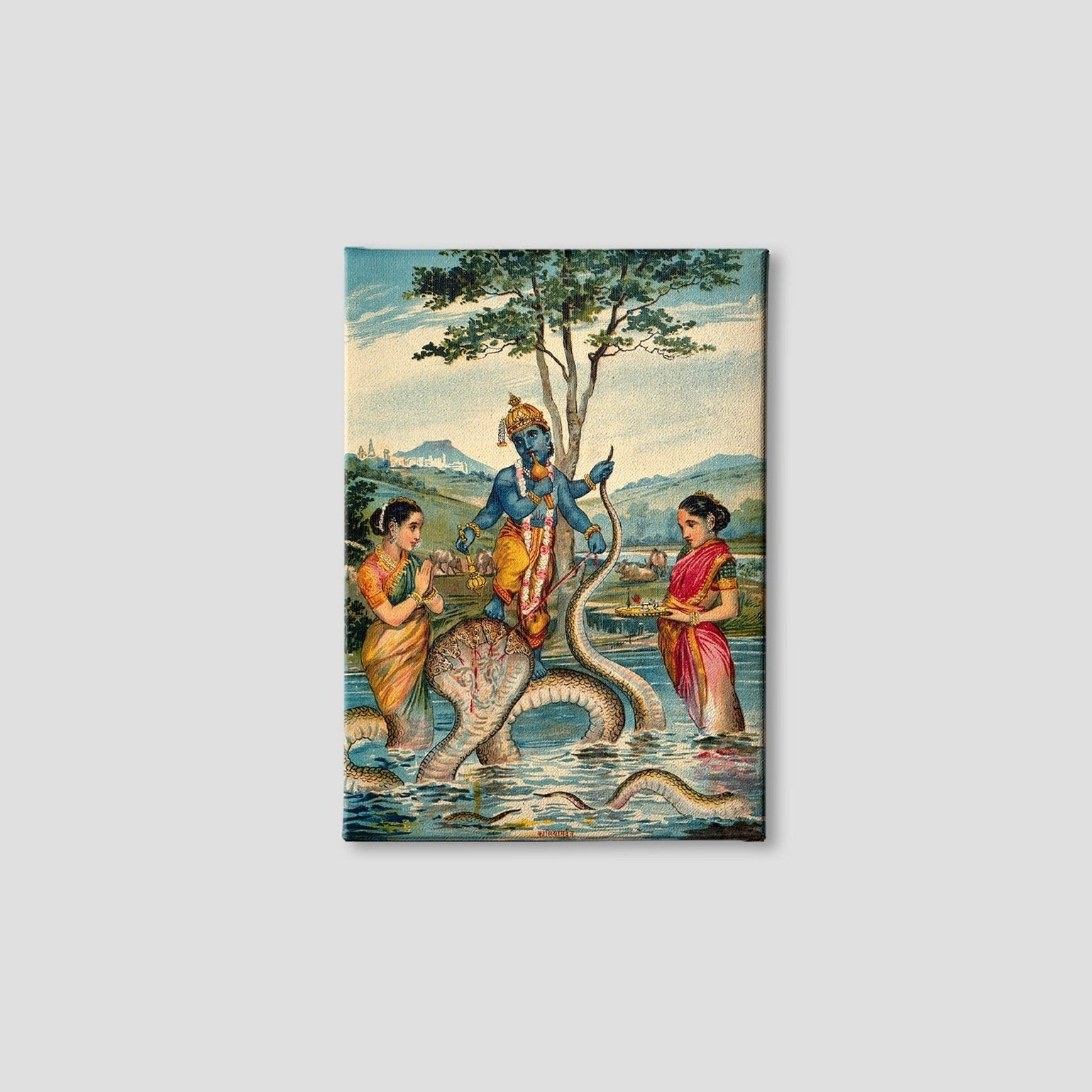 The child Krishna subdues the snake Kaliya Painting - Meri Deewar 2 : 3 Vertical Premium Wall Art Canvas by MeriDeewar