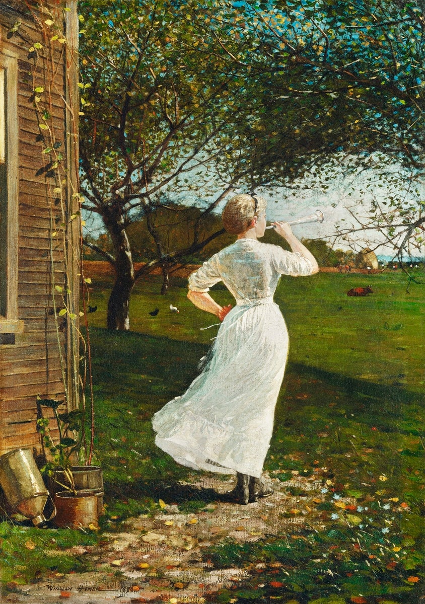 The Dinner Horn, Blowing the Horn at Seaside painting - Meri Deewar 3 : 4.2 Vertical Premium Wall Art Canvas by MeriDeewar