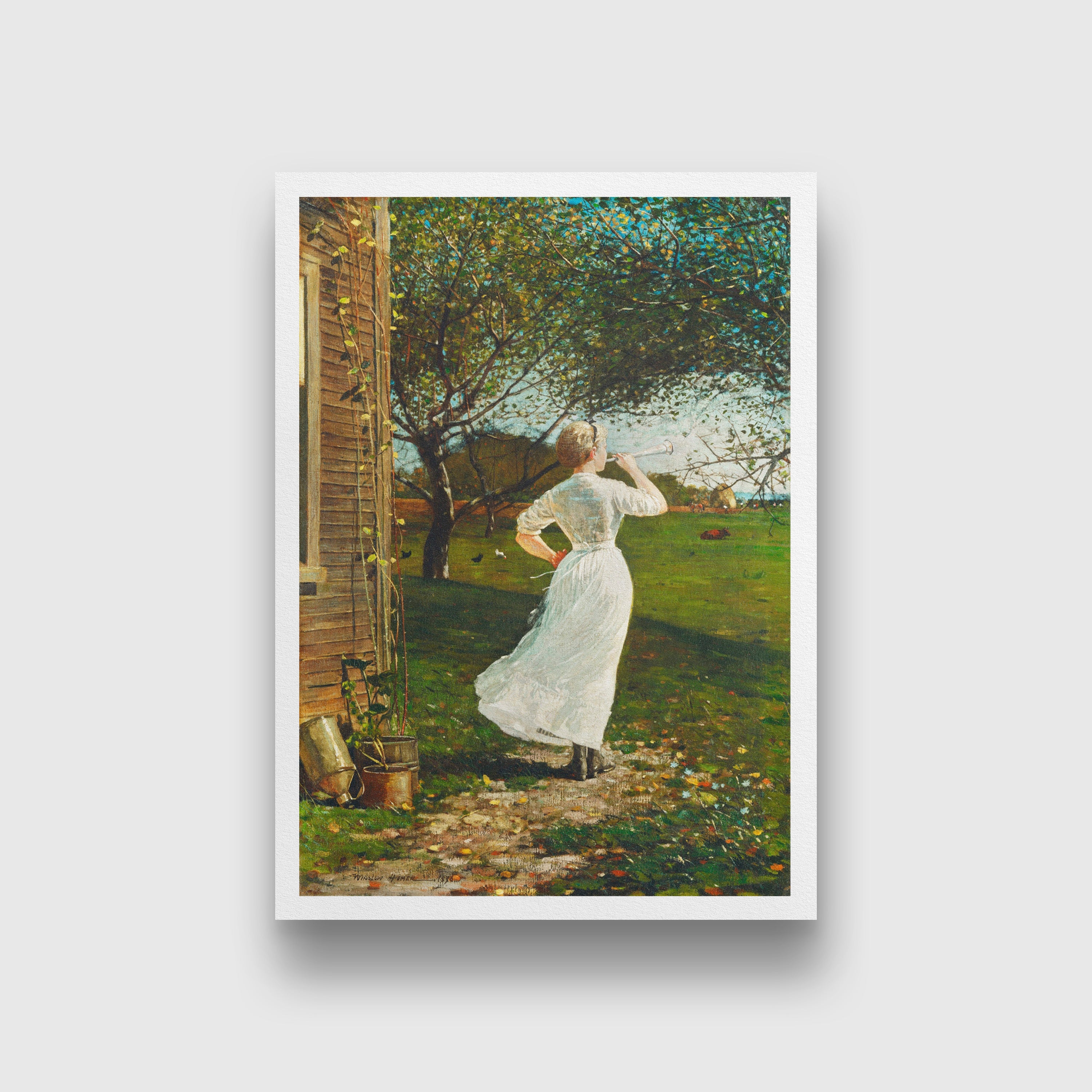 The Dinner Horn, Blowing the Horn at Seaside painting - Meri Deewar 3 : 4.2 Vertical Premium Wall Art Canvas by MeriDeewar