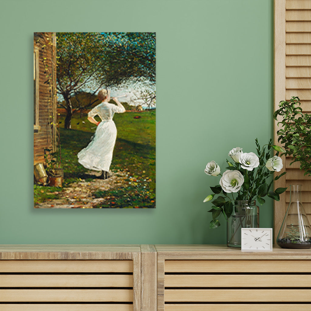 The Dinner Horn, Blowing the Horn at Seaside painting - Meri Deewar 3 : 4.2 Vertical Premium Wall Art Canvas by MeriDeewar