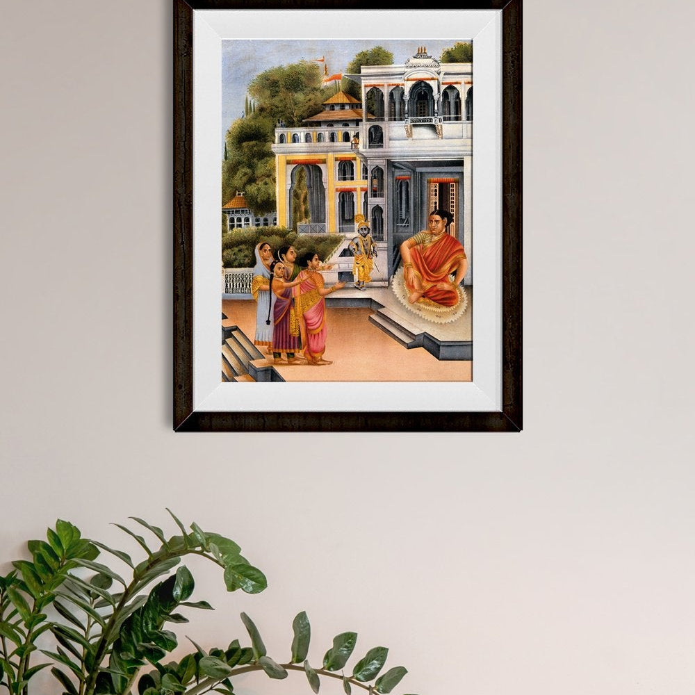 The gopis complaining to Yasosa about Krishna's pranks Painting - Meri Deewar 3 : 4.2 Vertical Premium Wall Art Canvas by MeriDeewar