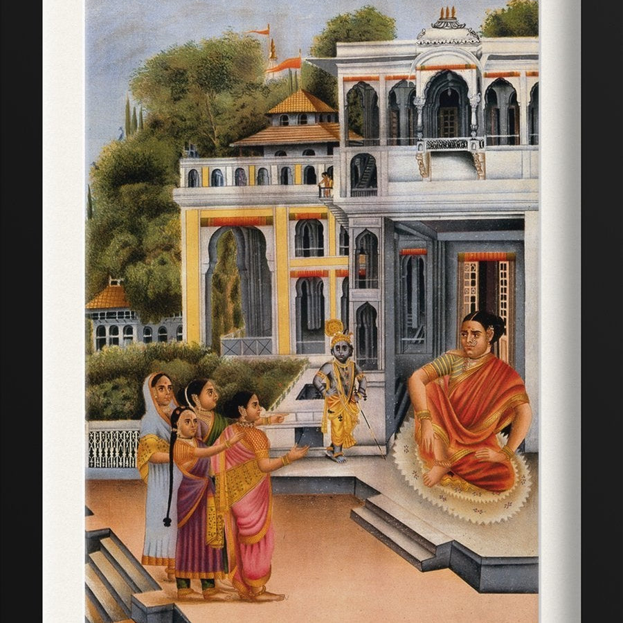 The gopis complaining to Yasosa about Krishna's pranks Painting - Meri Deewar 3 : 4.2 Vertical Premium Wall Art Canvas by MeriDeewar