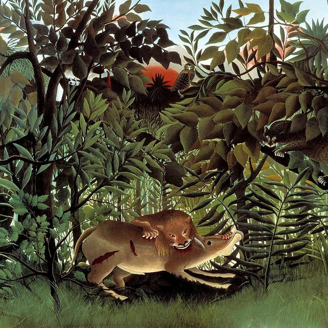 The Hungry Lion Throws Itself on the Antelope painting - Meri Deewar 3 : 2 Horizontal Premium Wall Art Canvas by MeriDeewar