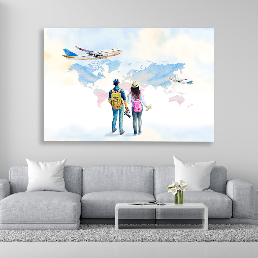 Tourist Couple Painting - Meri Deewar 3 : 2 Horizontal Premium Wall Art Canvas by MeriDeewar