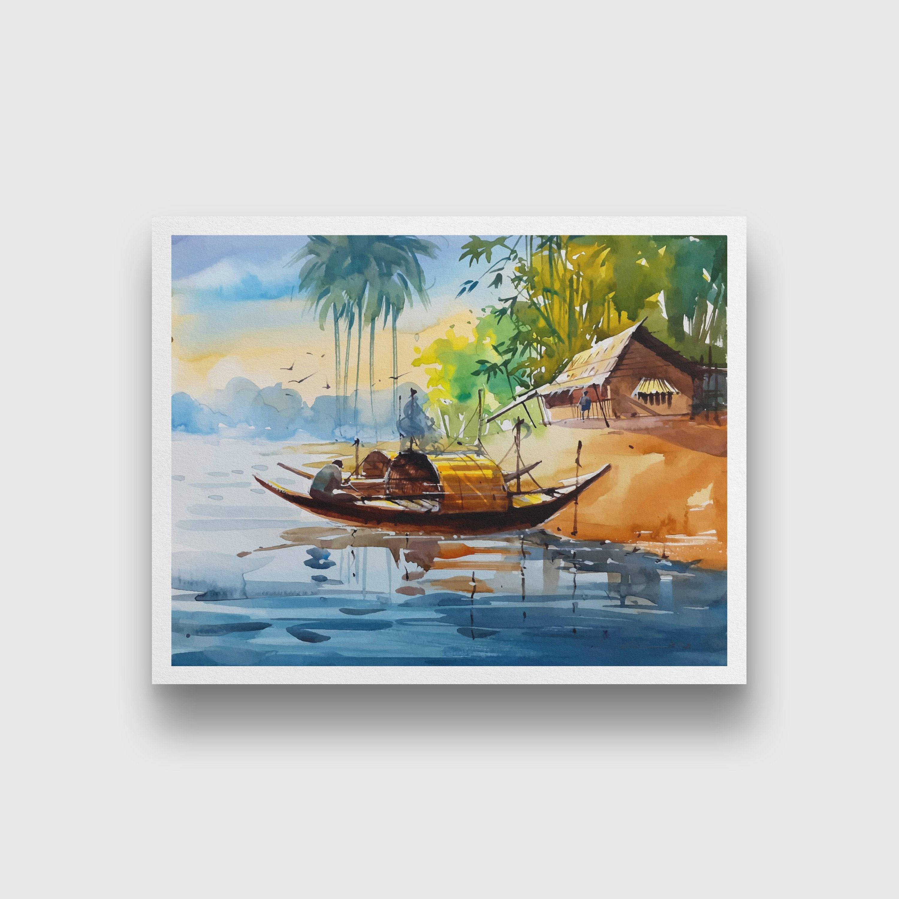 Traditional Indian house Boat Painting - Meri Deewar 4 : 3 Horizontal Premium Wall Art Canvas by MeriDeewar