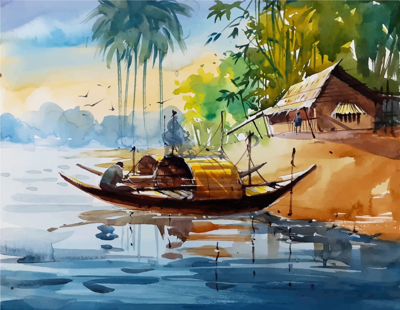 Traditional Indian house Boat Painting - Meri Deewar 4 : 3 Horizontal Premium Wall Art Canvas by MeriDeewar