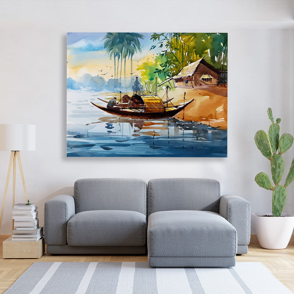 Traditional Indian house Boat Painting - Meri Deewar 4 : 3 Horizontal Premium Wall Art Canvas by MeriDeewar