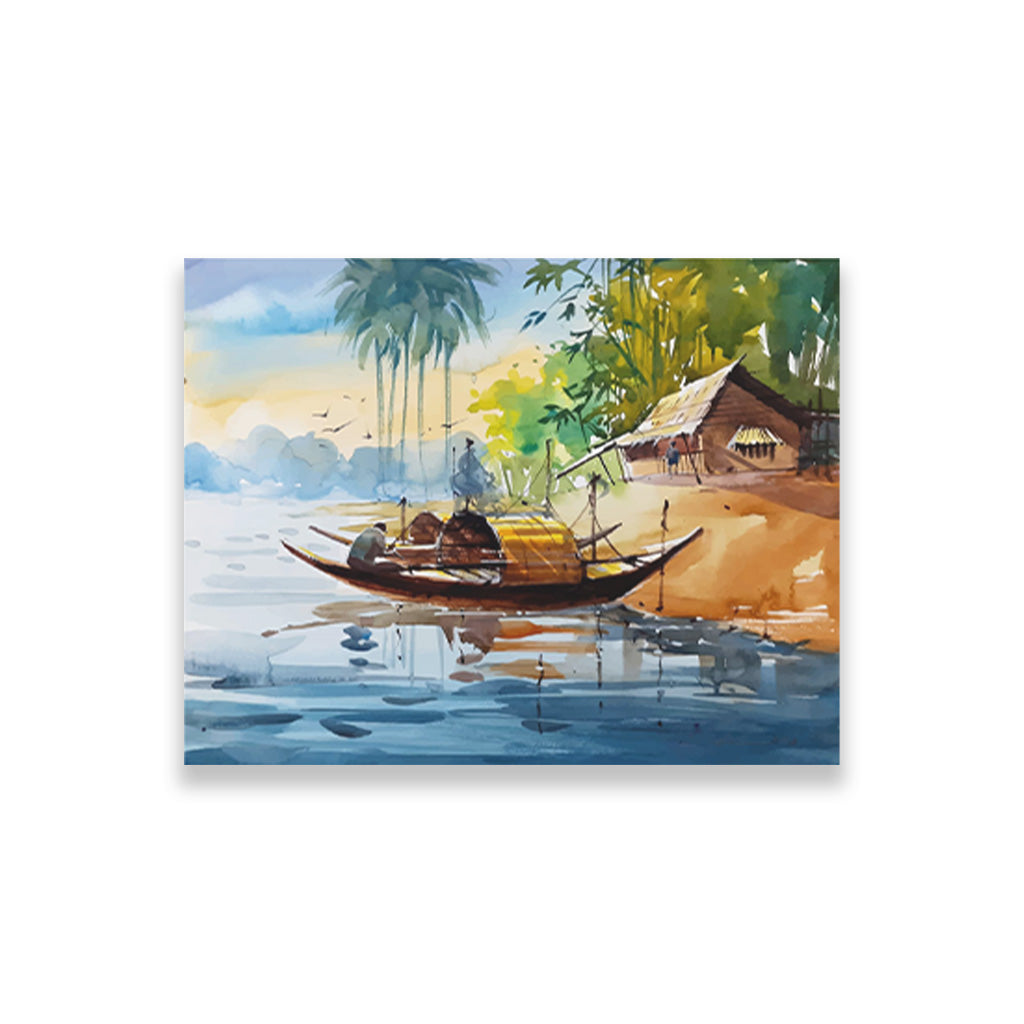 Traditional Indian house Boat Painting - Meri Deewar 4 : 3 Horizontal Premium Wall Art Canvas by MeriDeewar