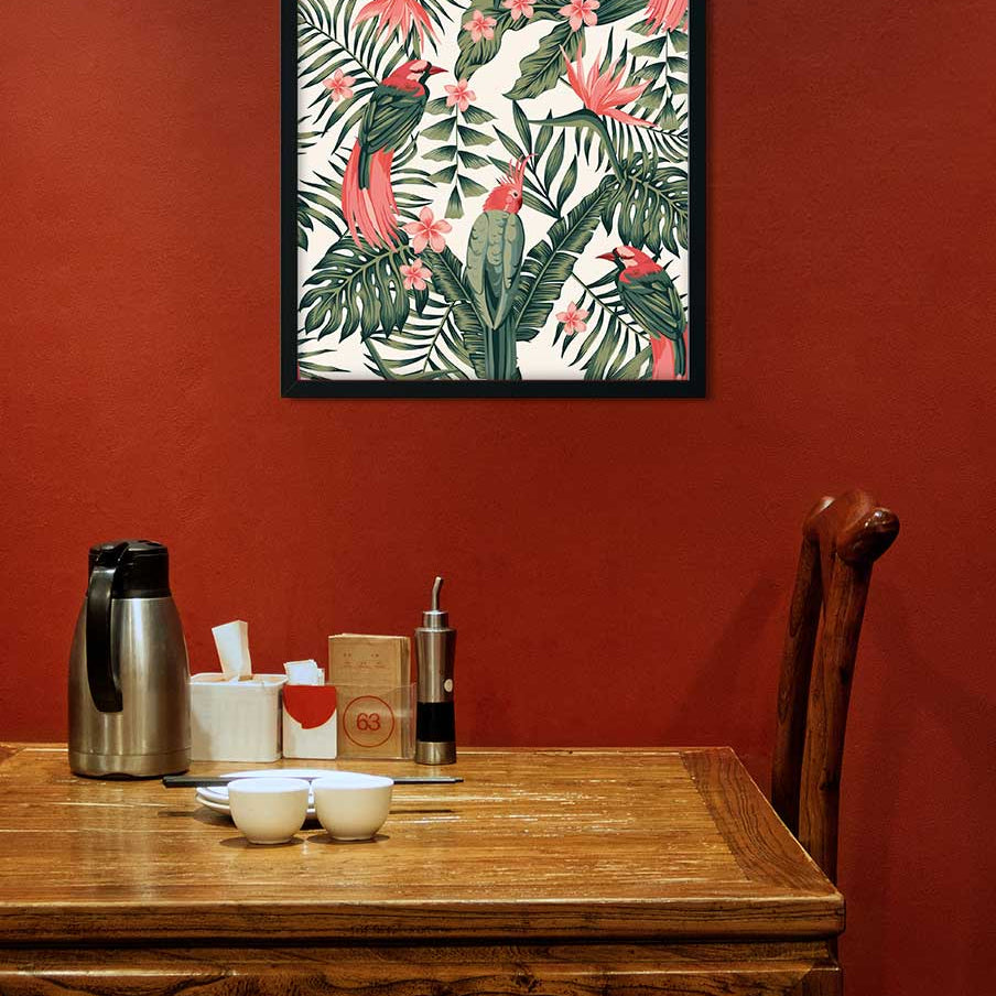 Tropical dark green leaves of palm trees and flowers Painting 1 : 1 Square Premium Wall Art Canvas by MeriDeewar