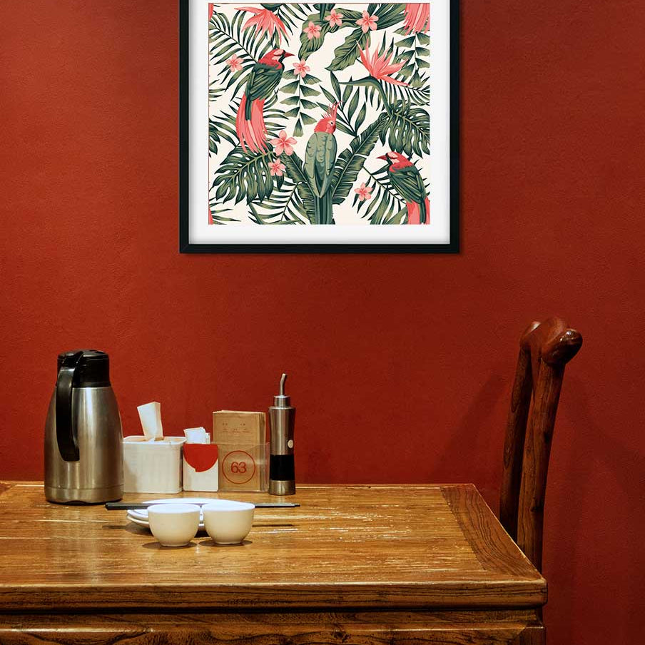 Tropical dark green leaves of palm trees and flowers Painting 1 : 1 Square Premium Wall Art Canvas by MeriDeewar