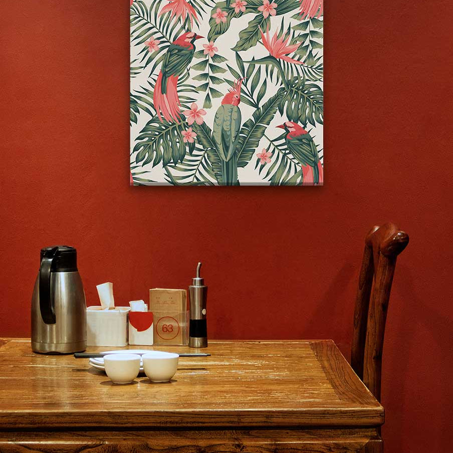 Tropical dark green leaves of palm trees and flowers Painting 1 : 1 Square Premium Wall Art Canvas by MeriDeewar