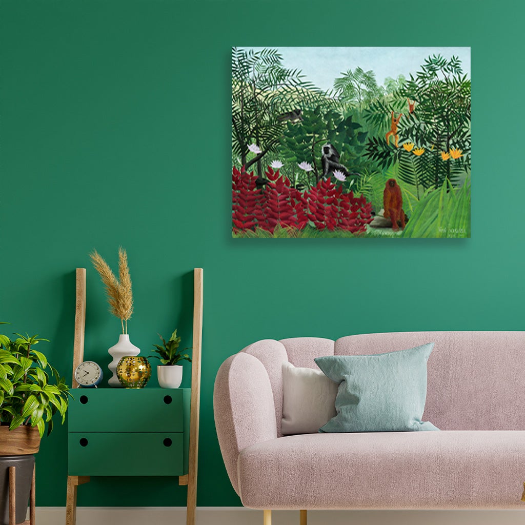 Tropical Forest with Monkeys painting - Meri Deewar 5 : 4 Horizontal Premium Wall Art Canvas by MeriDeewar