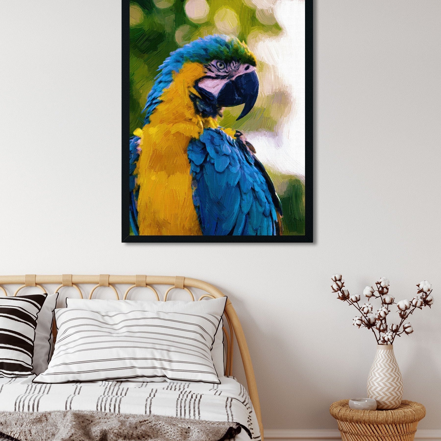 Tropical parrot yellow blue Painting - Meri Deewar 2 : 3 Vertical Premium Wall Art Canvas by MeriDeewar