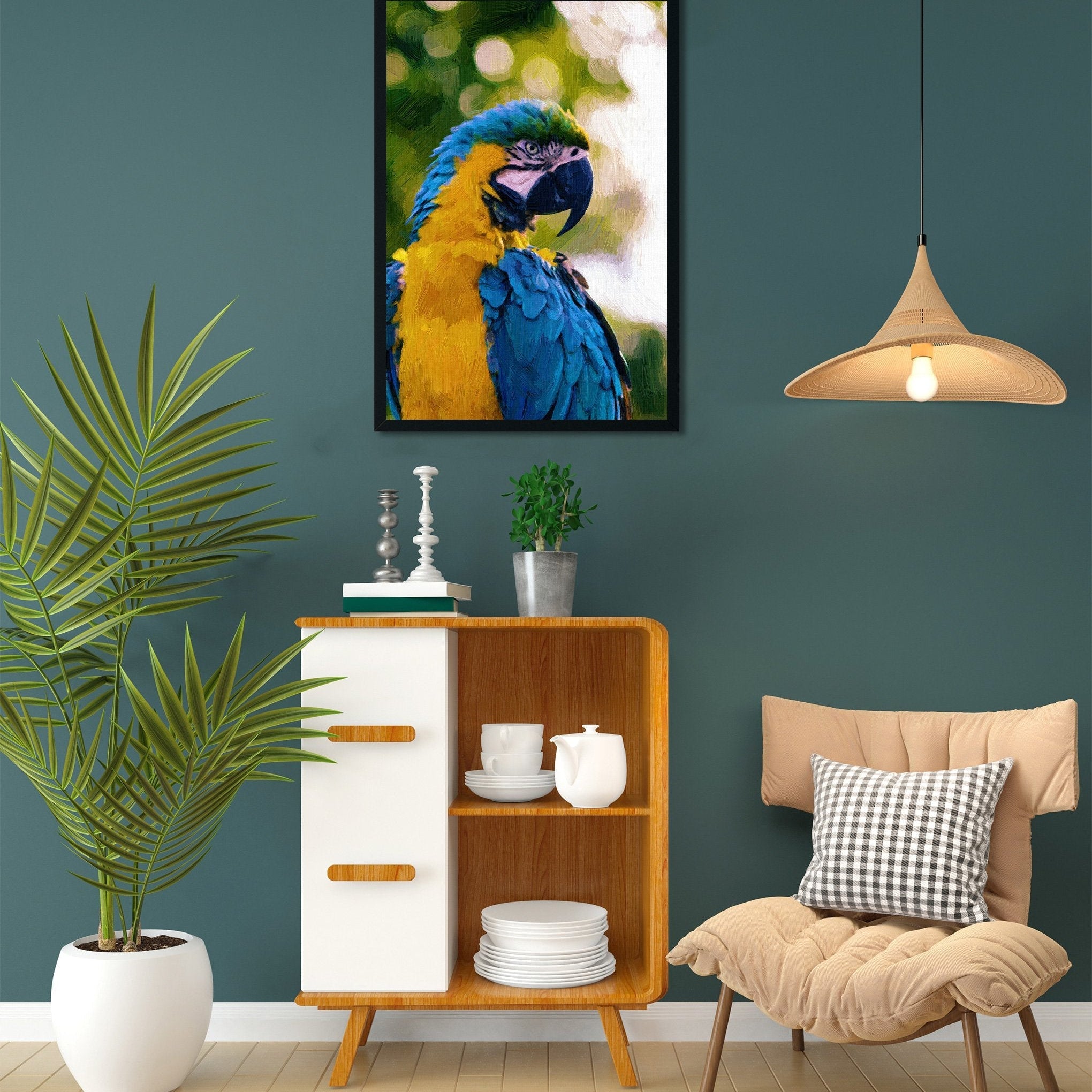 Tropical parrot yellow blue Painting - Meri Deewar 2 : 3 Vertical Premium Wall Art Canvas by MeriDeewar