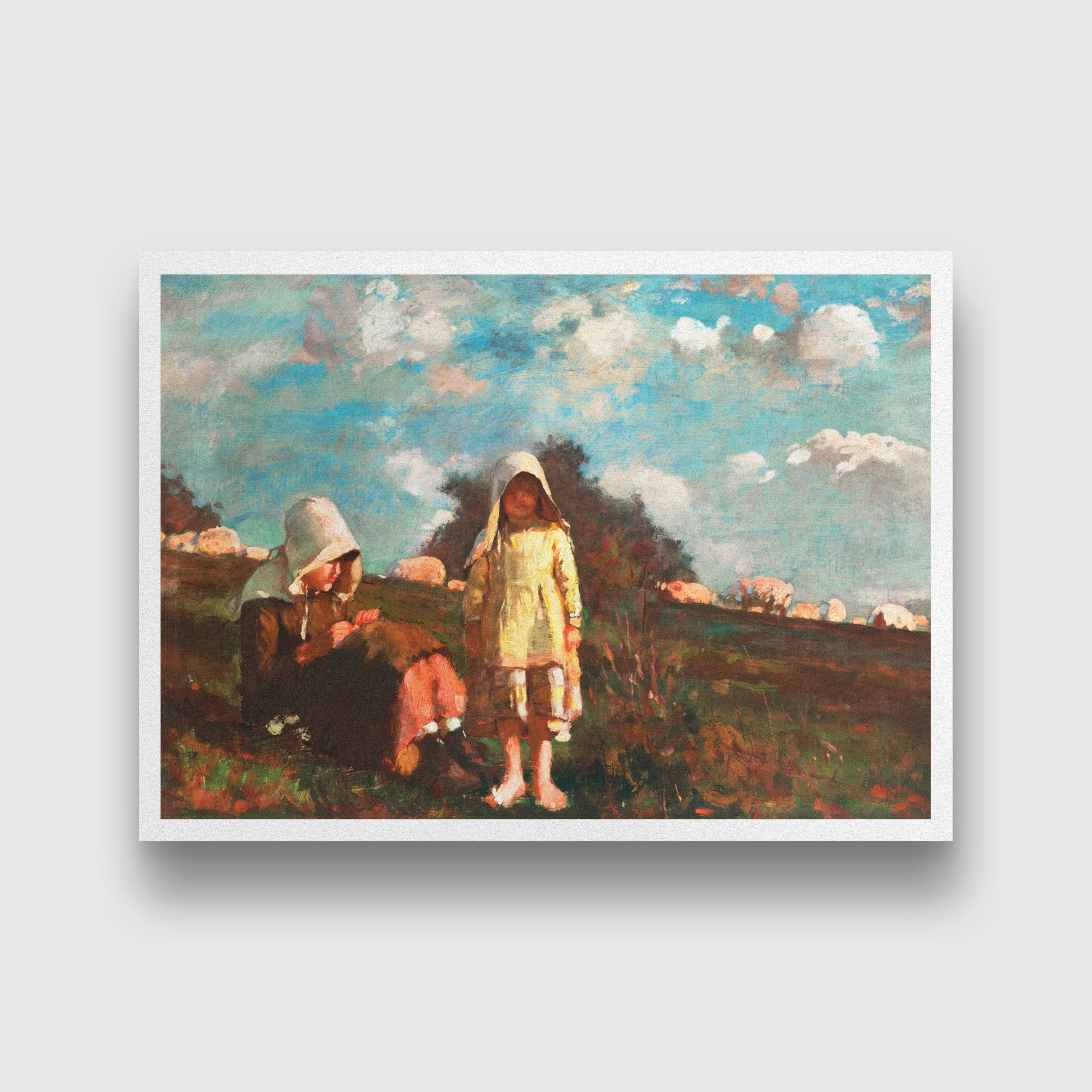 Two Girls with Sunbonnets In a Field painting - Meri Deewar 3 : 2 Horizontal Premium Wall Art Canvas by MeriDeewar