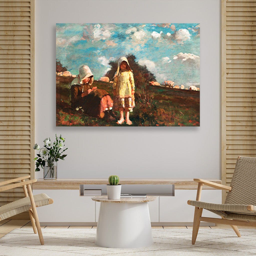 Two Girls with Sunbonnets In a Field painting - Meri Deewar 3 : 2 Horizontal Premium Wall Art Canvas by MeriDeewar