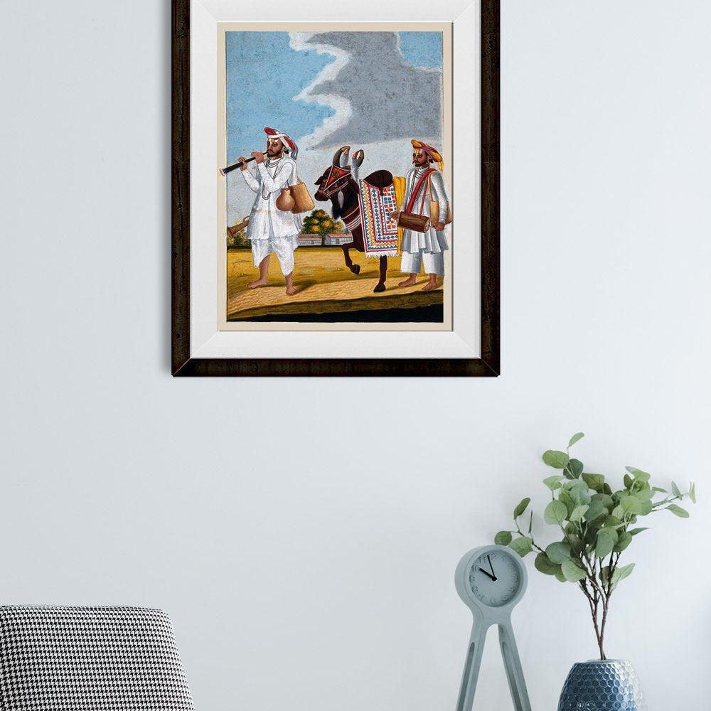 Two Hindu musicians and a highly decorated cow Painting - Meri Deewar 2 : 3 Vertical Premium Wall Art Canvas by MeriDeewar