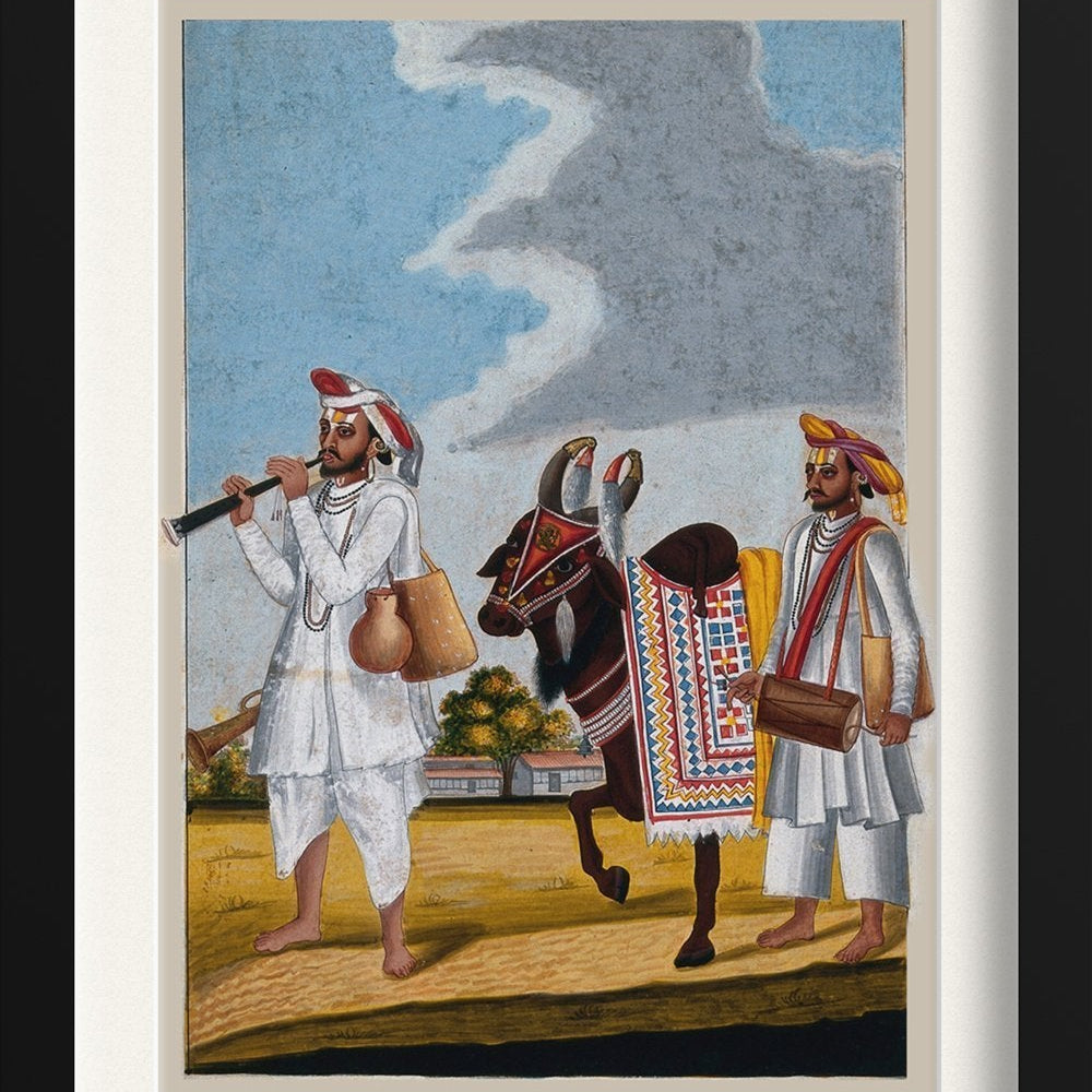 Two Hindu musicians and a highly decorated cow Painting - Meri Deewar 2 : 3 Vertical Premium Wall Art Canvas by MeriDeewar