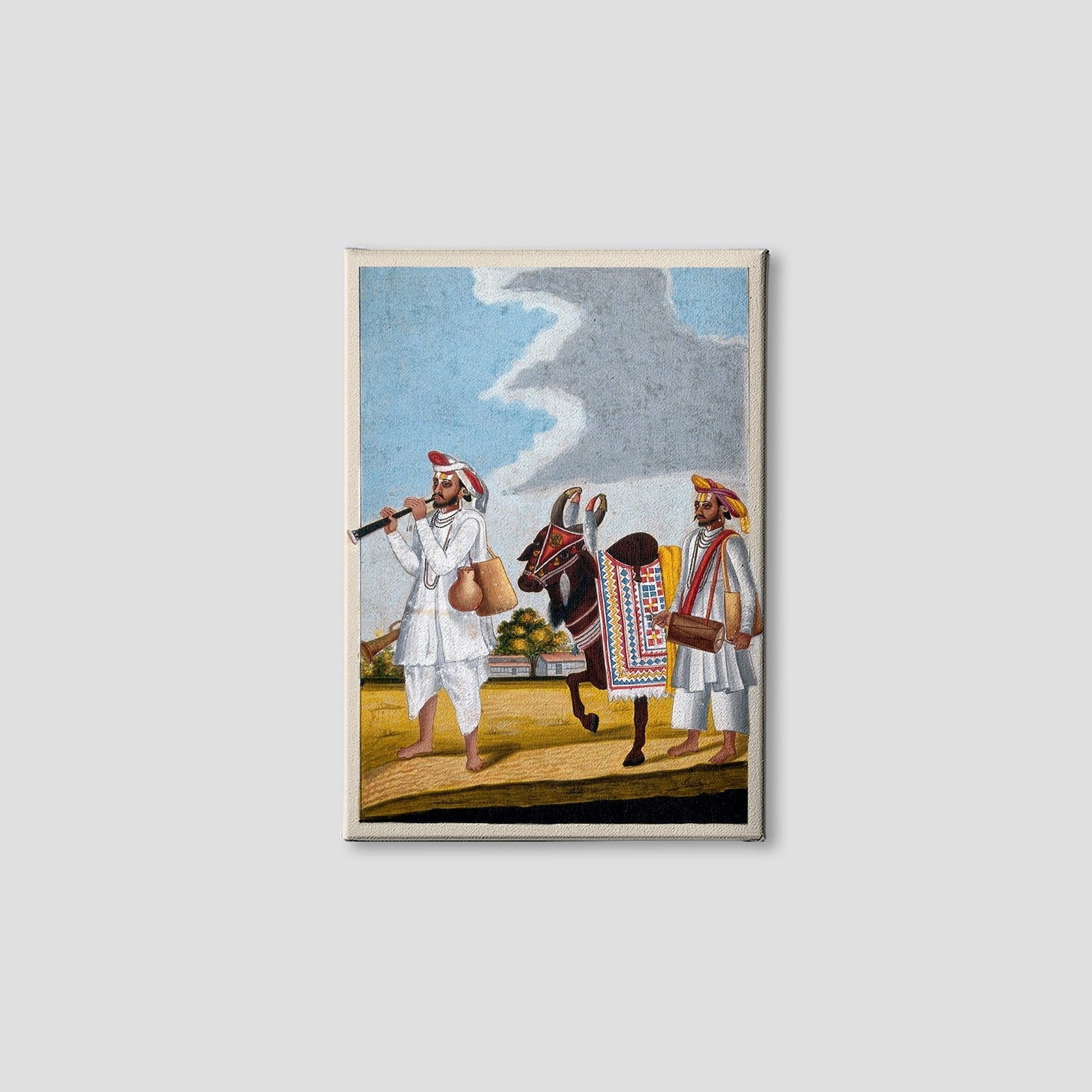 Two Hindu musicians and a highly decorated cow Painting - Meri Deewar 2 : 3 Vertical Premium Wall Art Canvas by MeriDeewar