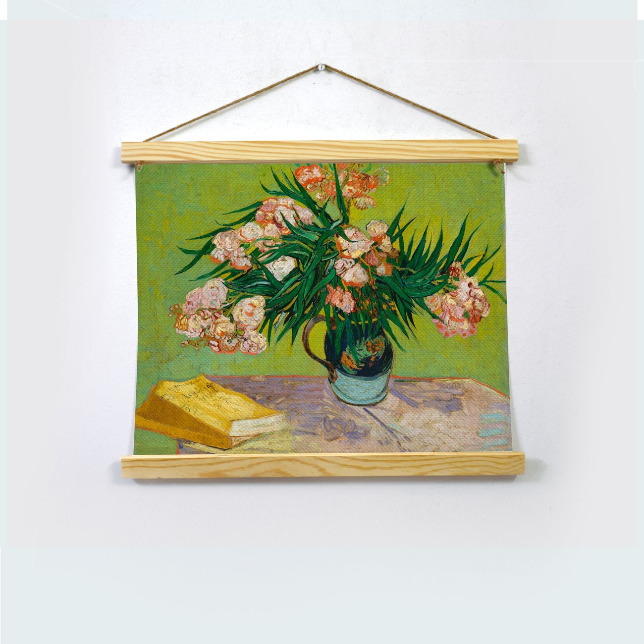 Vase With Oleanders And Books Painting By Van Gogh Hanging Canvas - Meri Deewar Hanging Canvas Premium Wall Art Canvas by MeriDeewar