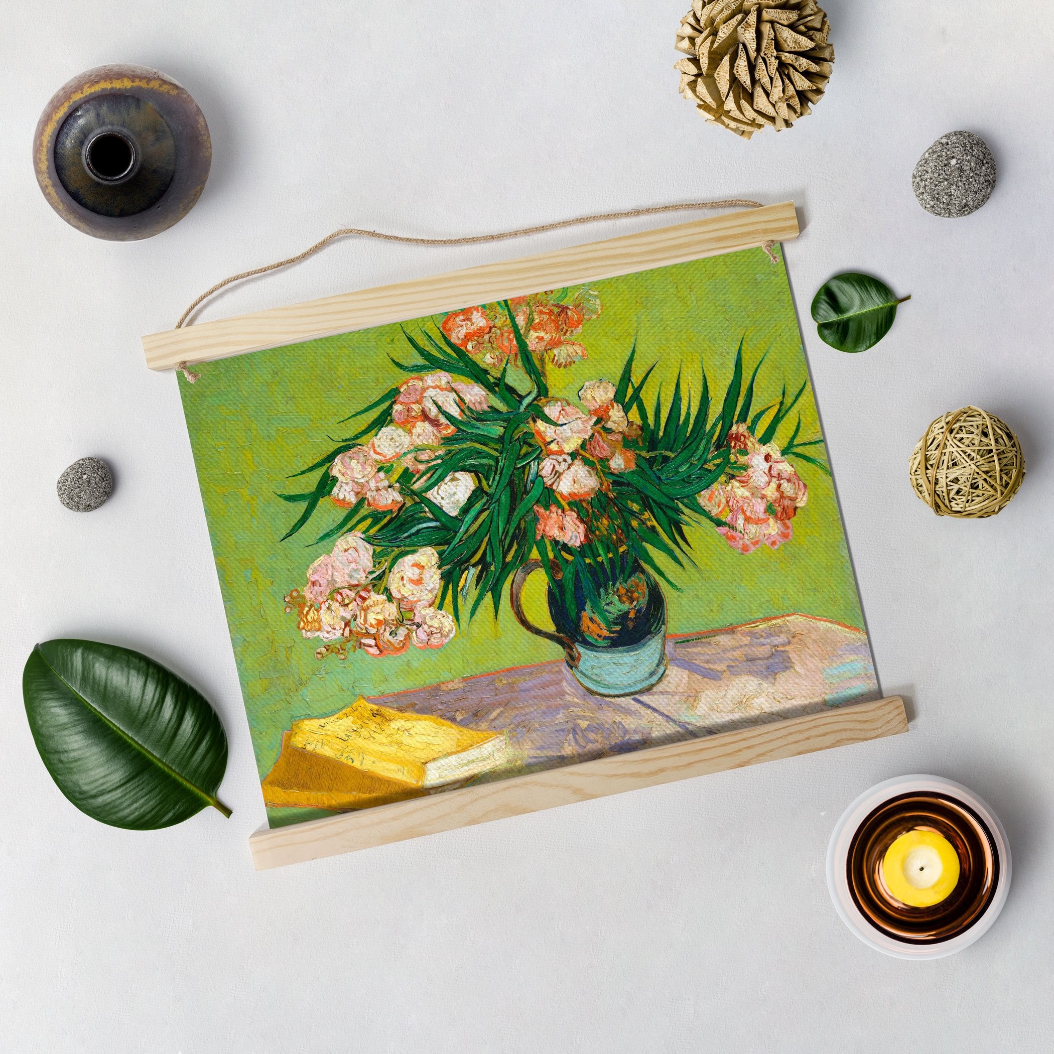 Vase With Oleanders And Books Painting By Van Gogh Hanging Canvas - Meri Deewar Hanging Canvas Premium Wall Art Canvas by MeriDeewar