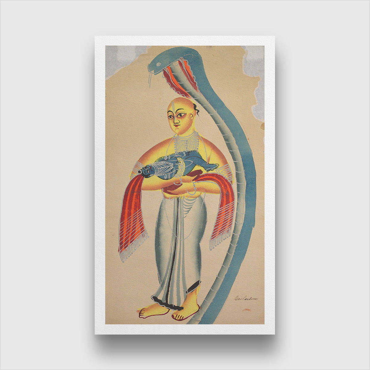 Vasudeva (Krishna's Father) Fleeing with the Infant Krishna Encounters a Cobra 1 : 2 Vertical Premium Wall Art Canvas by MeriDeewar