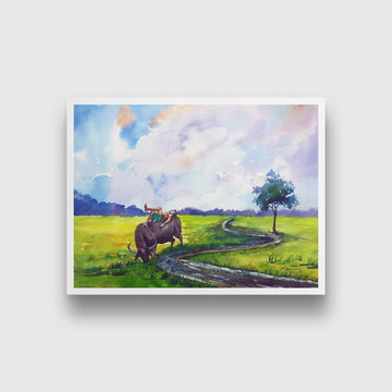 Village Boy Watercolour Landscape Painting - Meri Deewar 4 : 3 Horizontal Premium Wall Art Canvas by MeriDeewar