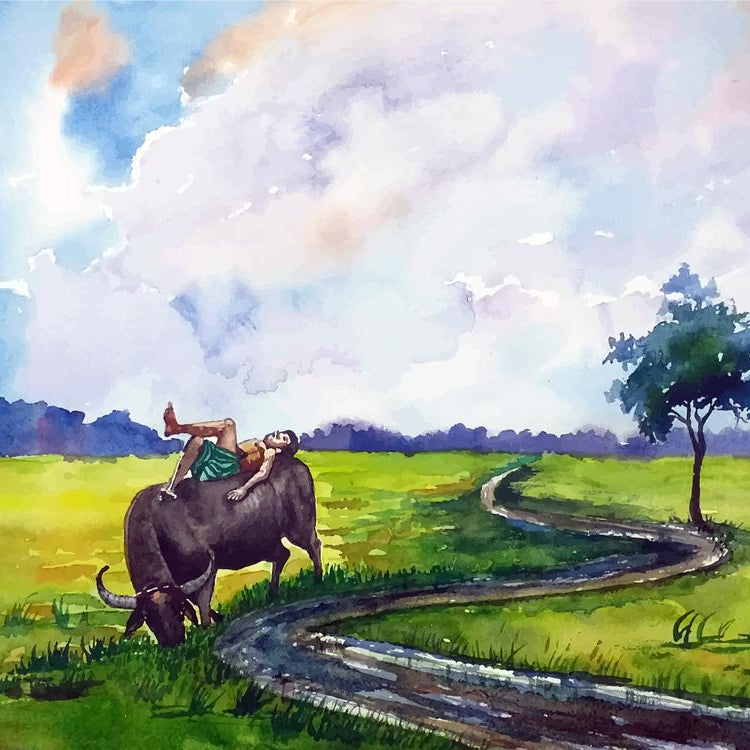 Village Boy Watercolour Landscape Painting - Meri Deewar 4 : 3 Horizontal Premium Wall Art Canvas by MeriDeewar